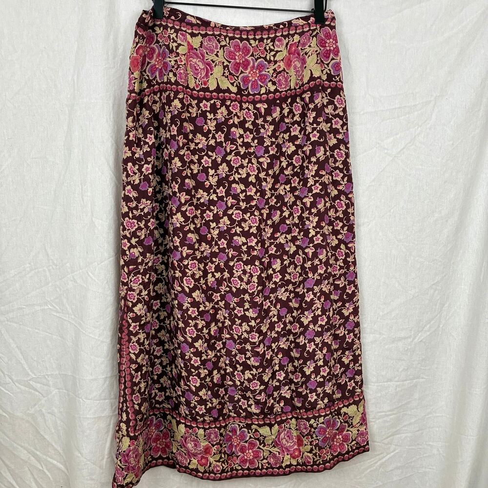Vintage April Cornell Maroon Silk Floral Maxi Skirt Size L Border Print Cottage